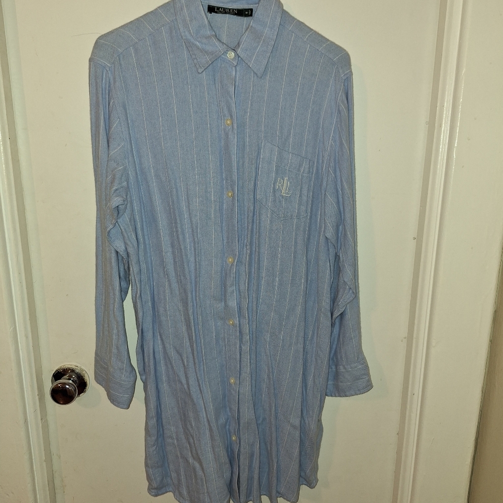 Lauren Ralph Lauren Blue White Stripe Cotton Button Down Night Gown